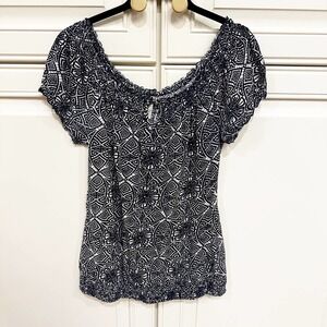 Lucky Brand Women’s‎ Navy Cotton Patterned Bohemian Style Peasant Blouse Top